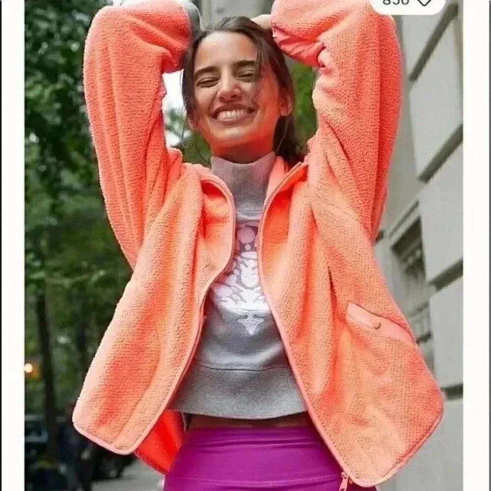 Free People Ziggy Up Fleece in Sundance Orange Zip Up Sweatshirt Size L NEW